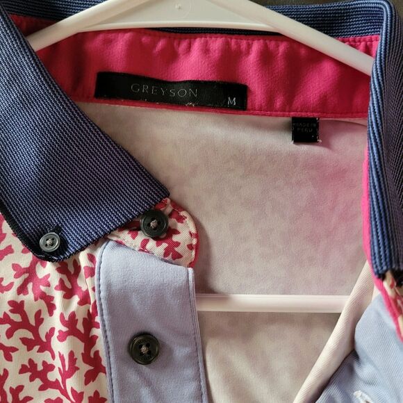 Greyson Golf Polo Shirt Mens Size Medium Pink White Blue Coral Dreams II Jersey - Picture 3 of 6